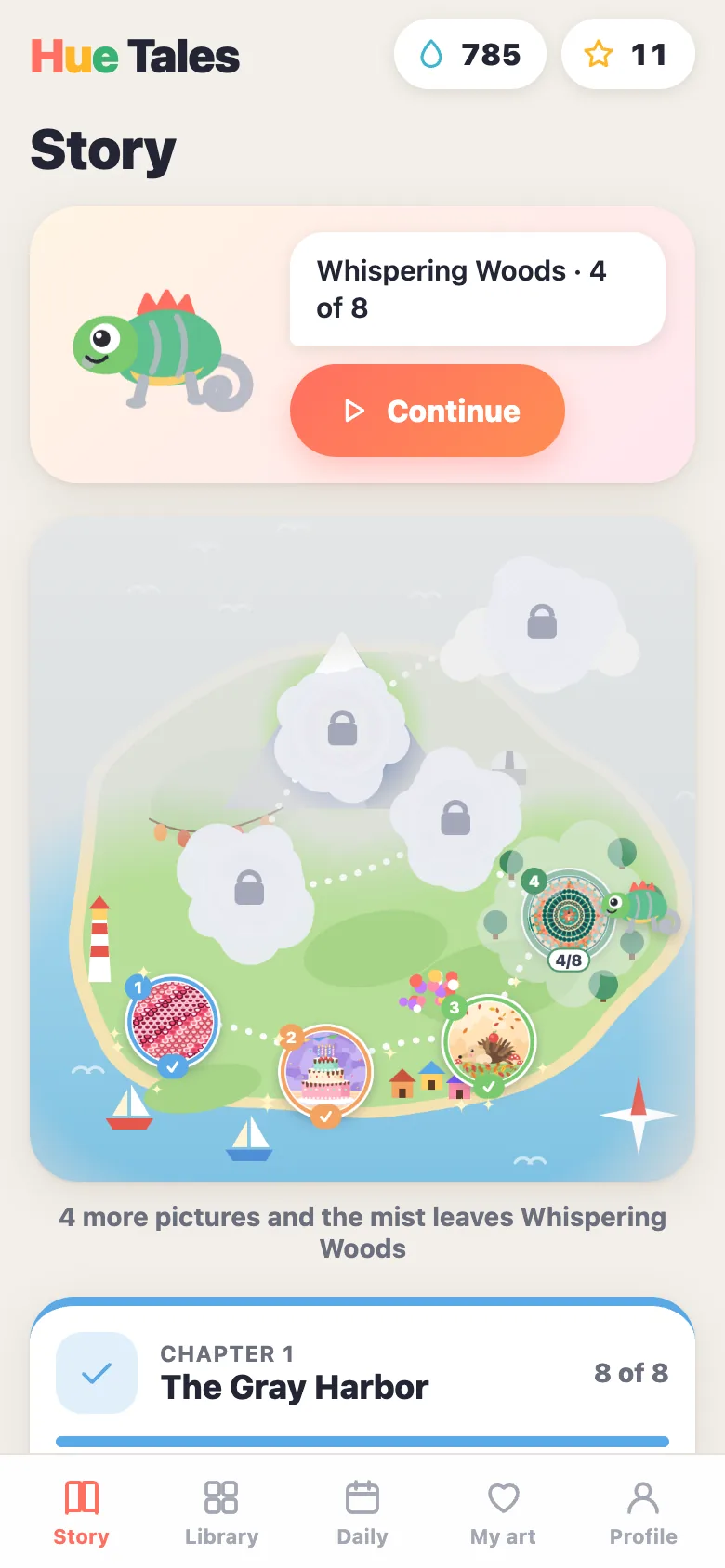 The island map: districts you have painted are back in color